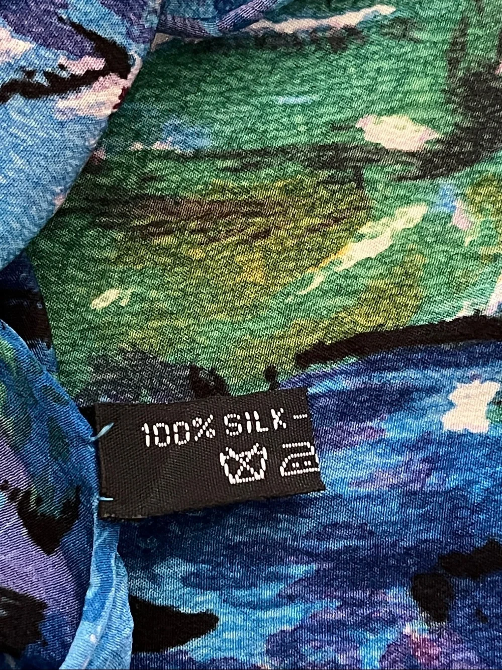 Claude Monet  Blue Floral silk scarf “Water Lilies” Oblong 15 x 60” Art to Wear